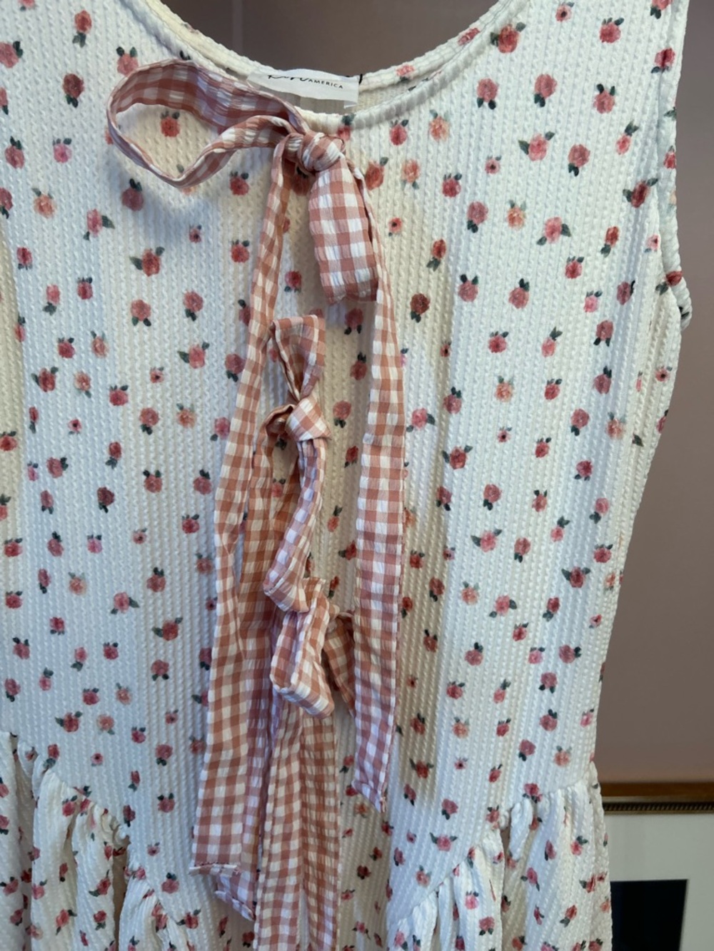 Kori White Mini Dress with Pink Floral Print and Gingham bows - Picture 2 of 10